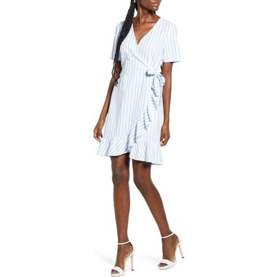 Vero Moda Helenmilo Stripe Wrap Front Linen Blend Dress, Blue