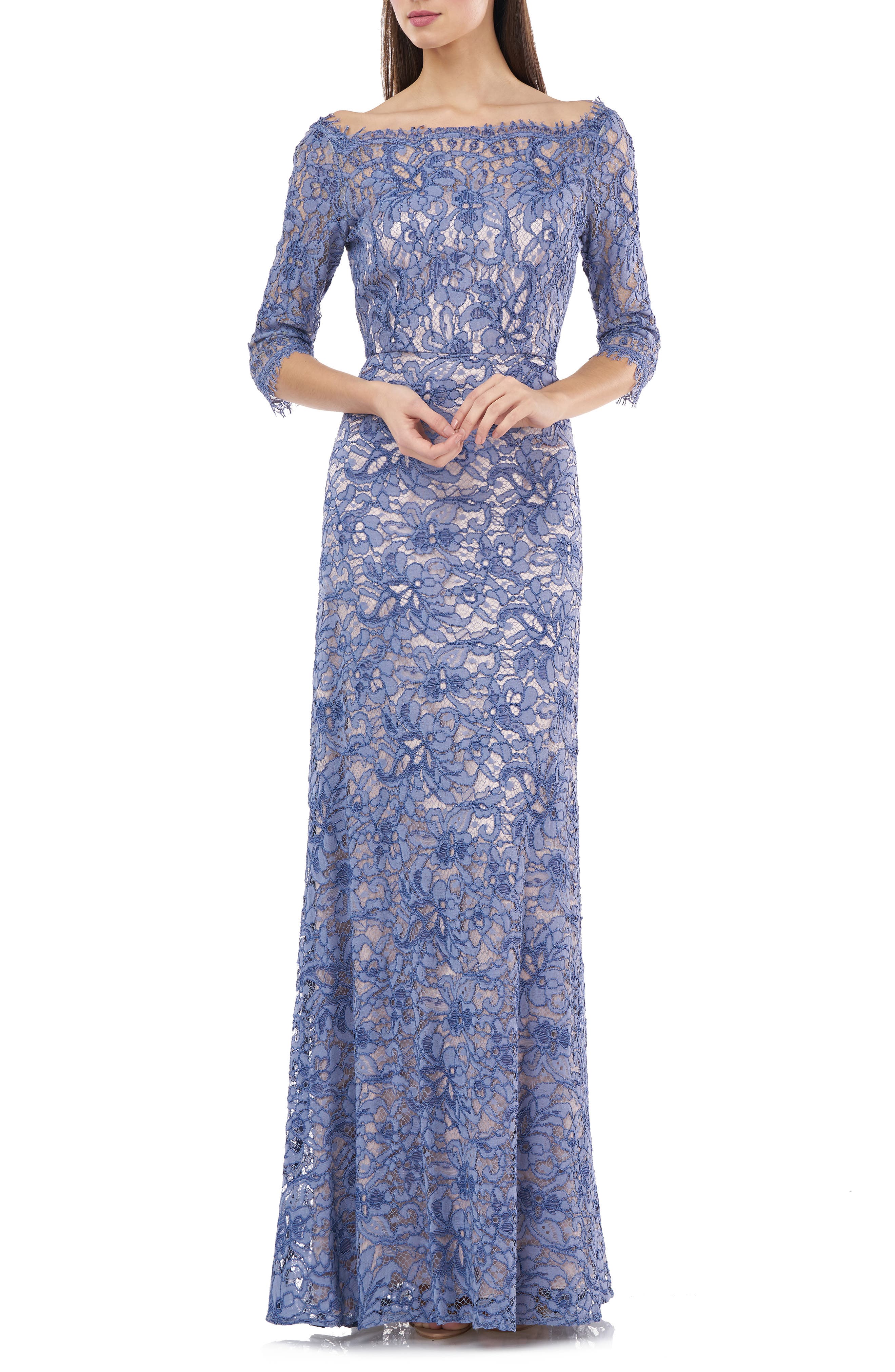 Js Collections Bateau Neck Lace Gown, Blue