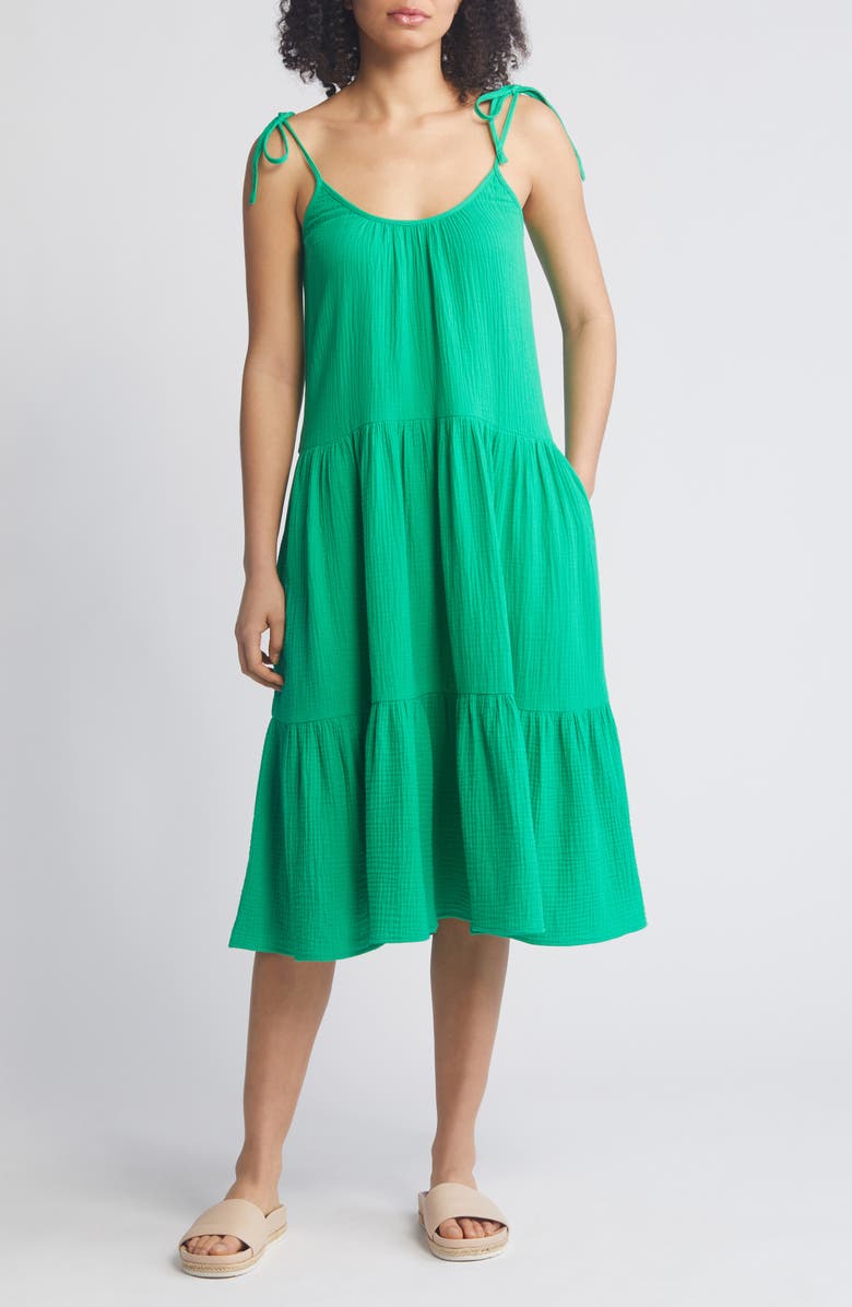 Caslon® Tie Strap Tiered Cotton Gauze Midi Dress | Nordstromrack