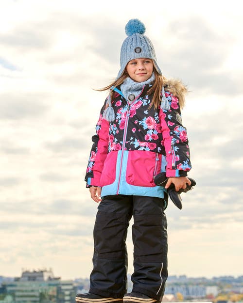 Shop Deux Par Deux Girl's Two Piece Snowsuit Printed Roses With Solid Pant Black In Anthracite