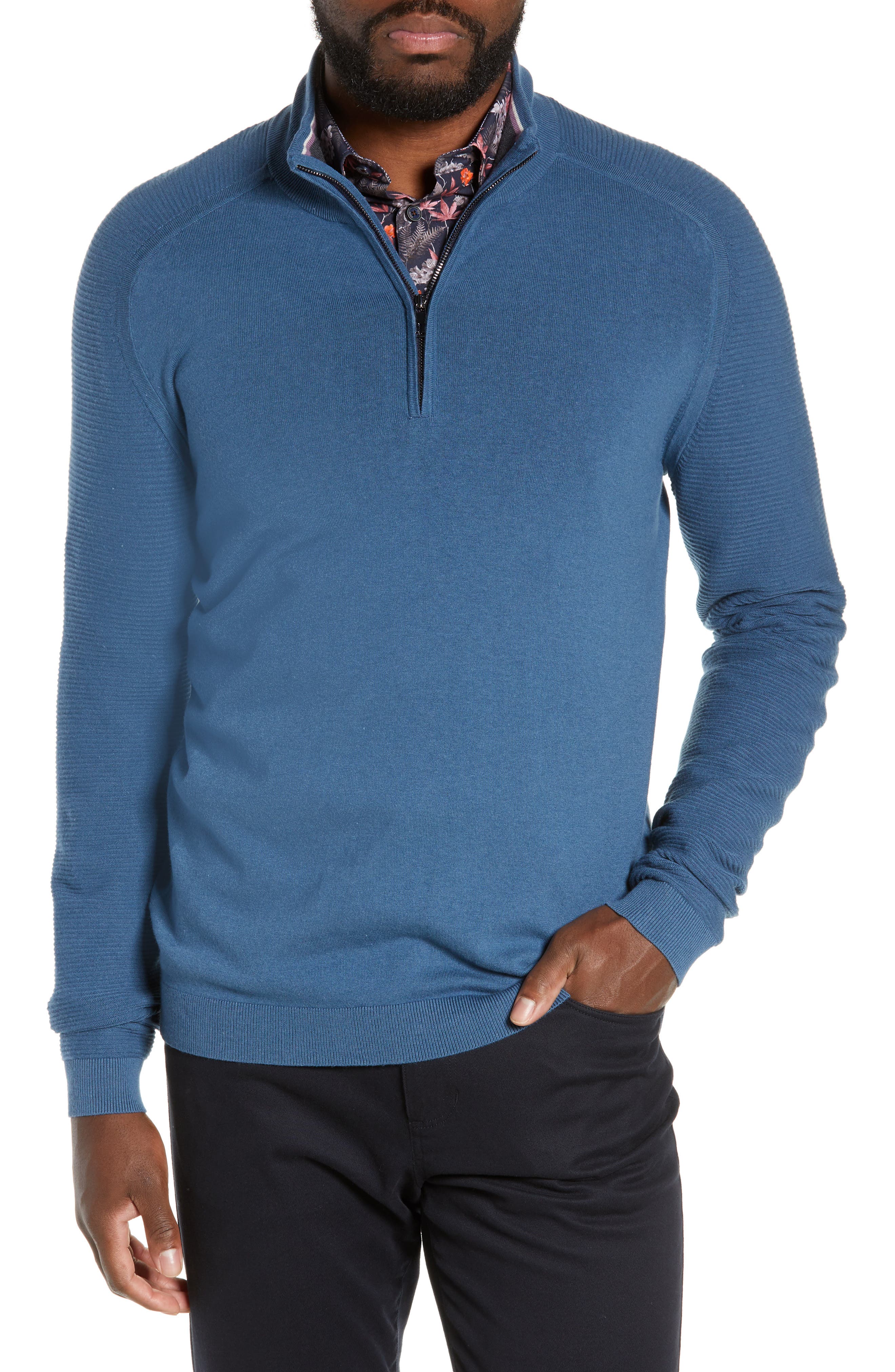 Ted Baker London Justrun Slim Fit Funnel Neck Sweater, (m) - Blue