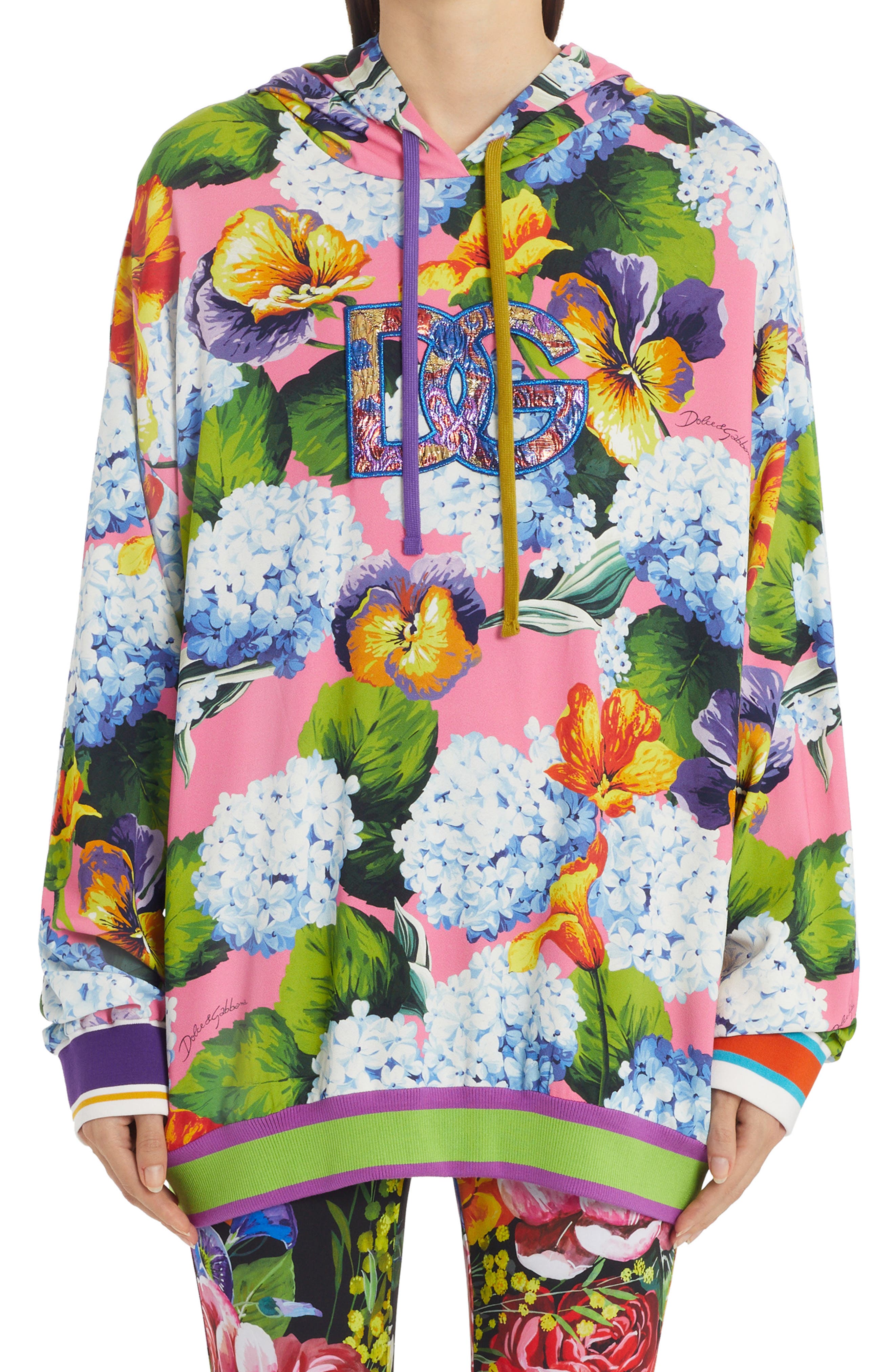 Dolce & Gabbana Floral Print Cady Hoodie in Ortensie/Violette at Nordstrom, Size Small