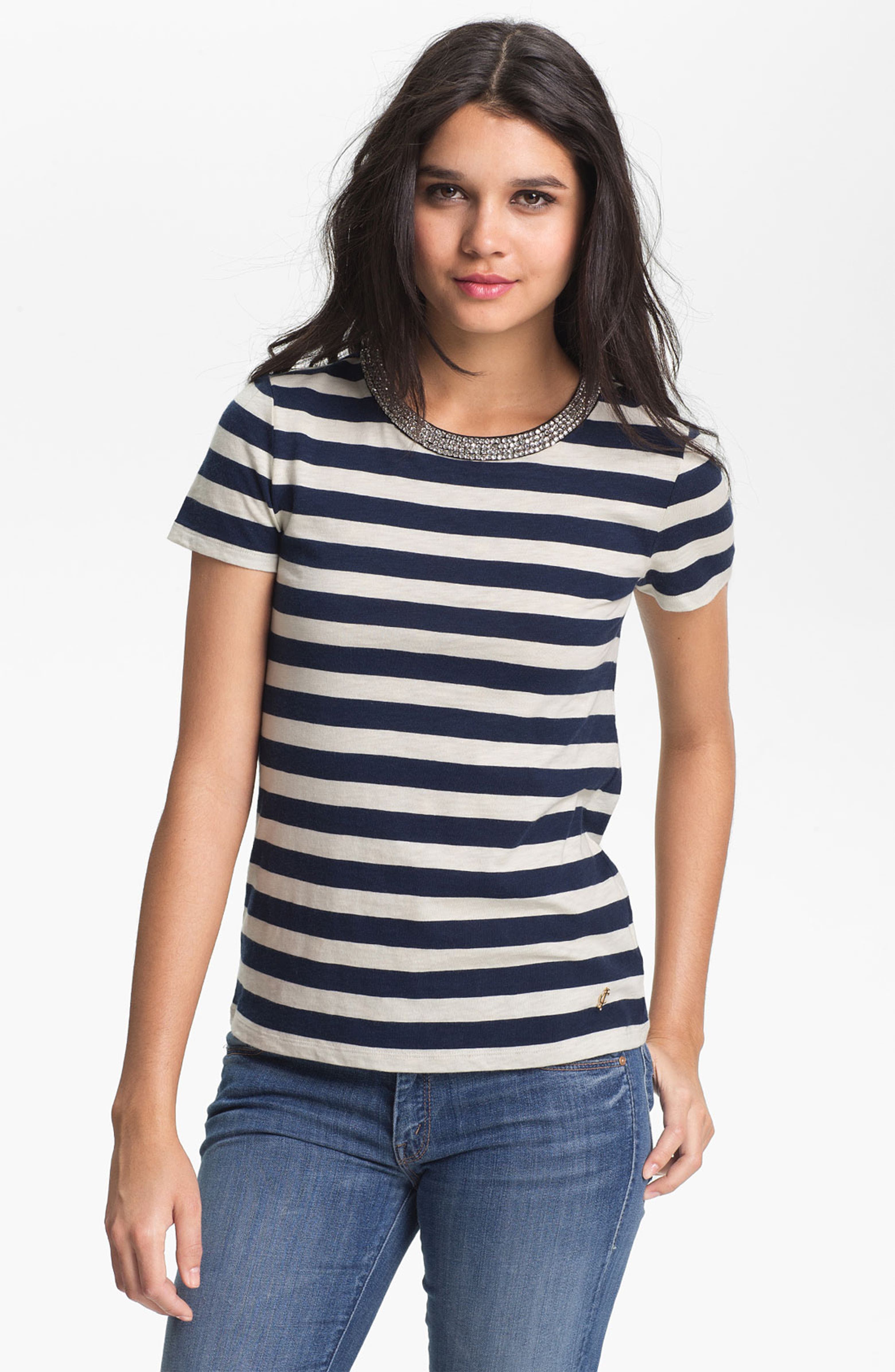 Juicy Couture 'Holly' Rhinestone Neck Stripe Tee | Nordstrom