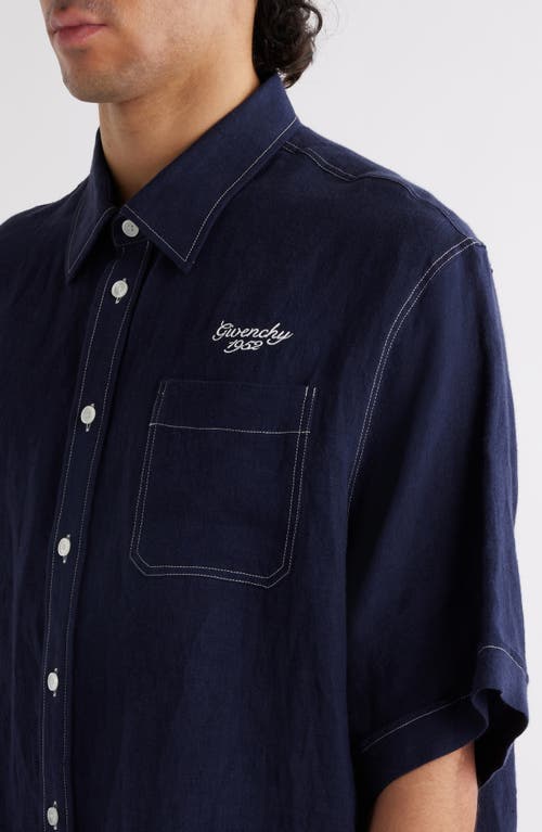 Shop Givenchy Oversize Short Sleeve French Linen Button-up Shirt In Navy