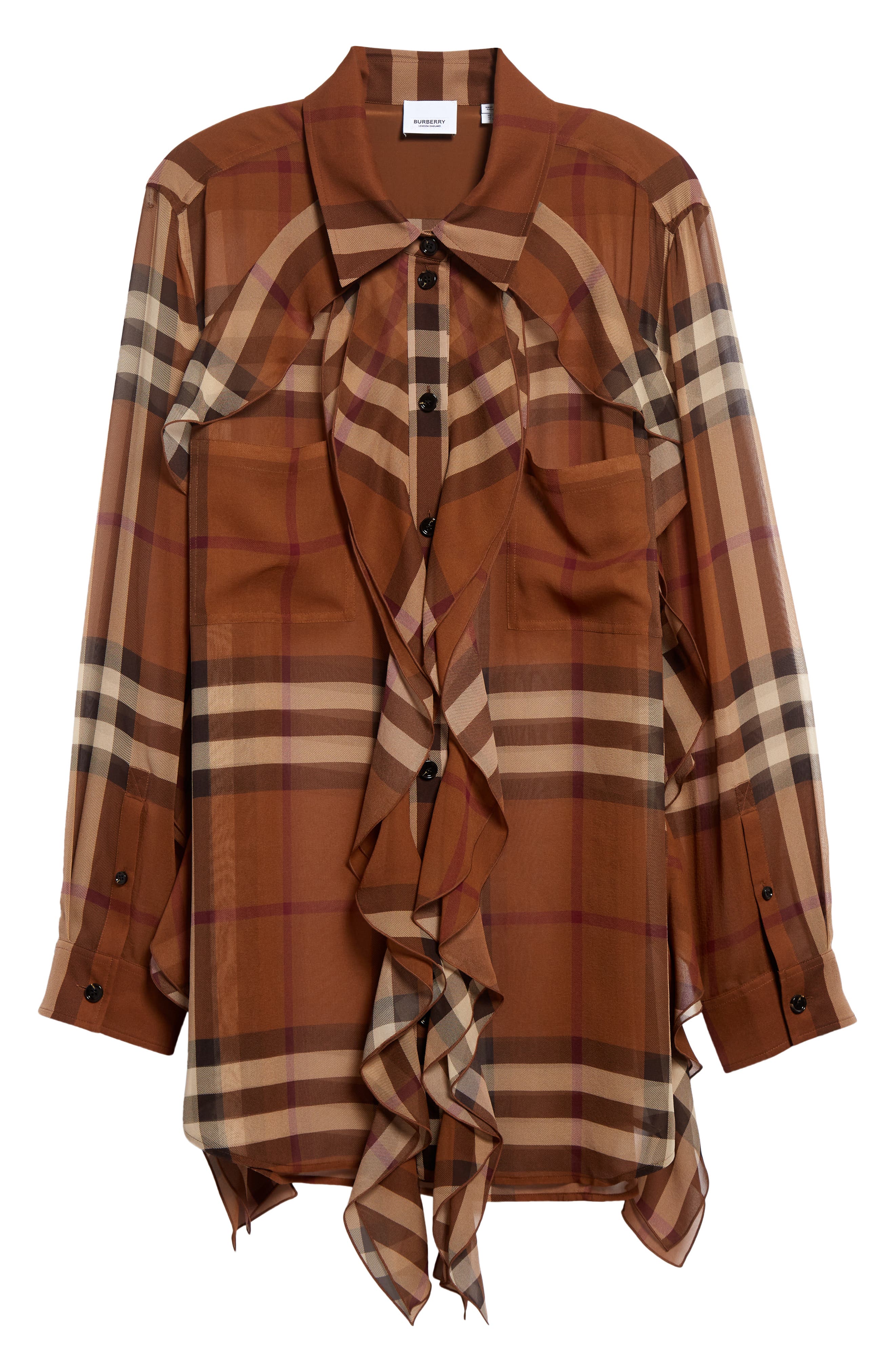 burberry Freddy Check Ruffle Silk Chiffon Blouse in Dark Birch 
