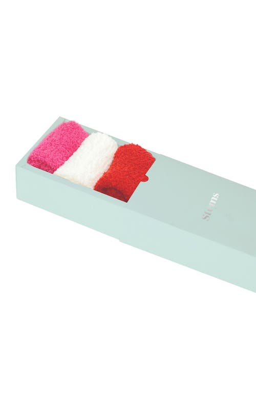 Stems Plush Cozy Ankle Socks 3-pack In Red/ivory/fuchsia