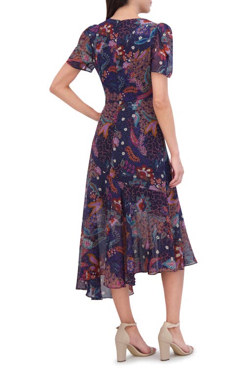 Shop Vince Camuto Floral Puff Sleeve Asymmetric Chiffon Dress In Navy Multi