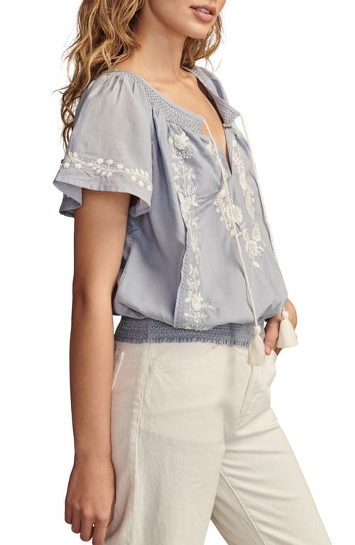 Shop Lucky Brand Embroidered Tie Neck Crop Top In Brunnera Blue