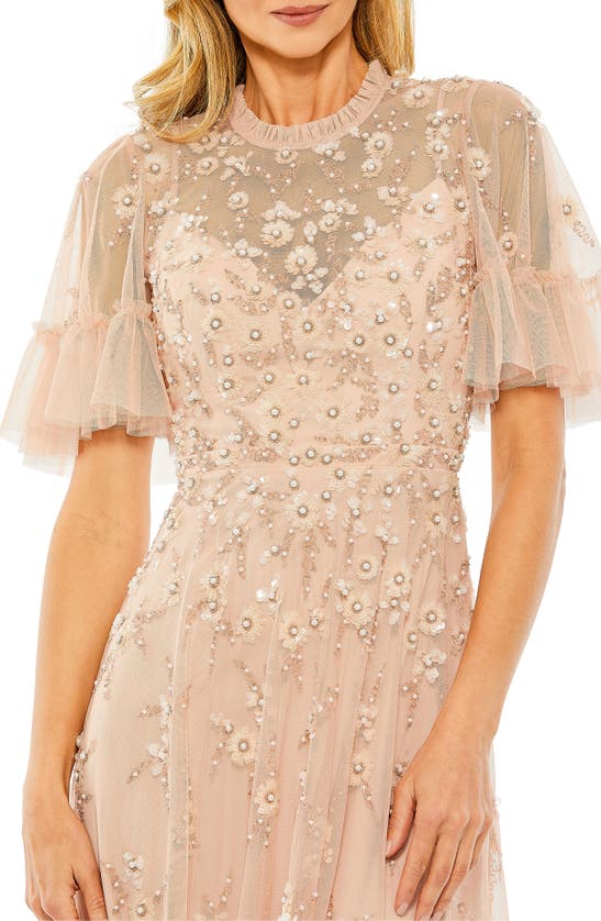 Shop Mac Duggal Ruffle Floral Embellished Gown In Blush