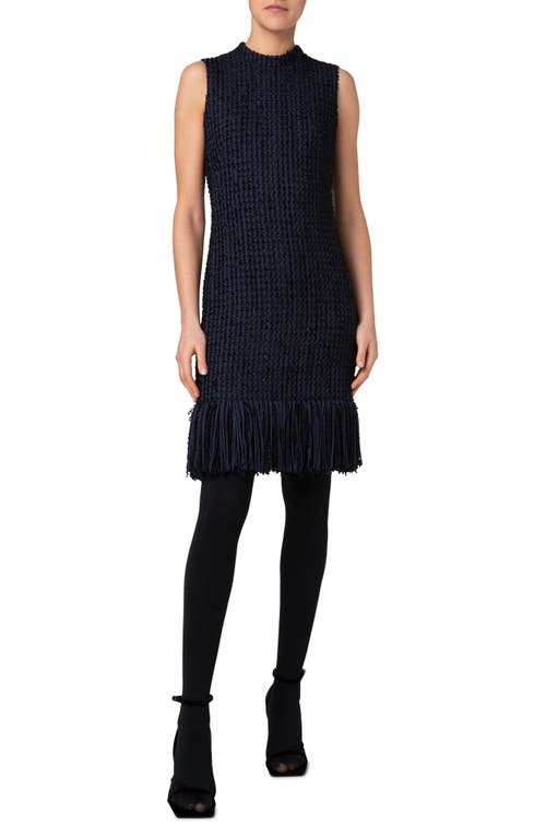 Akris Punto Chunky Tweed Sheath Dress With Fringed Hem In Navy