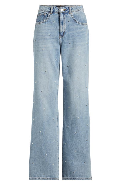 Shop Purple Brand Imitation Pearl Hotfix High Waist Wide Leg Jeans In Lt Indigo