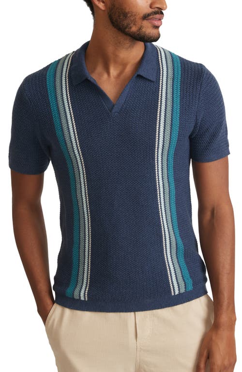 Conrad Stripe Johnny Collar Polo Sweater in Navy Blue Stripe