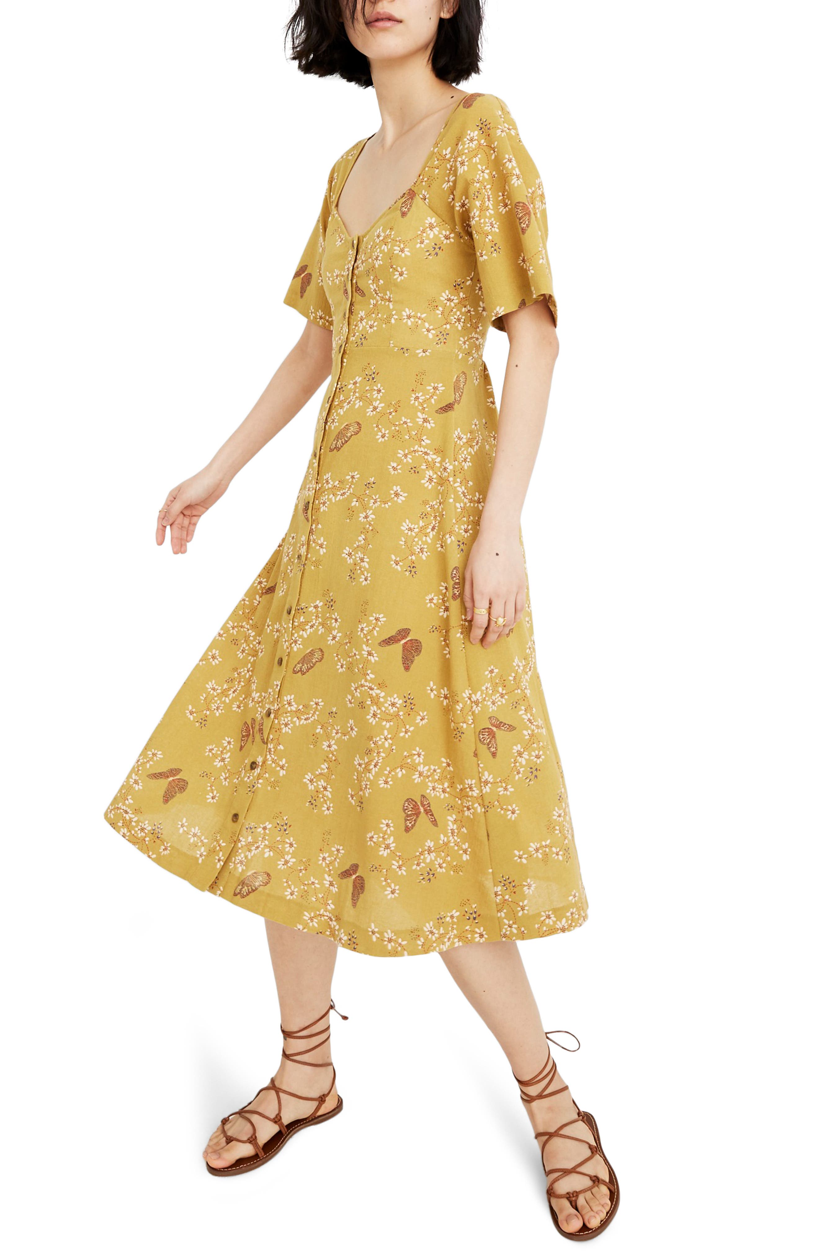 Madewell Windowbox Floral Flutter Sleeve Midi Dress, Green