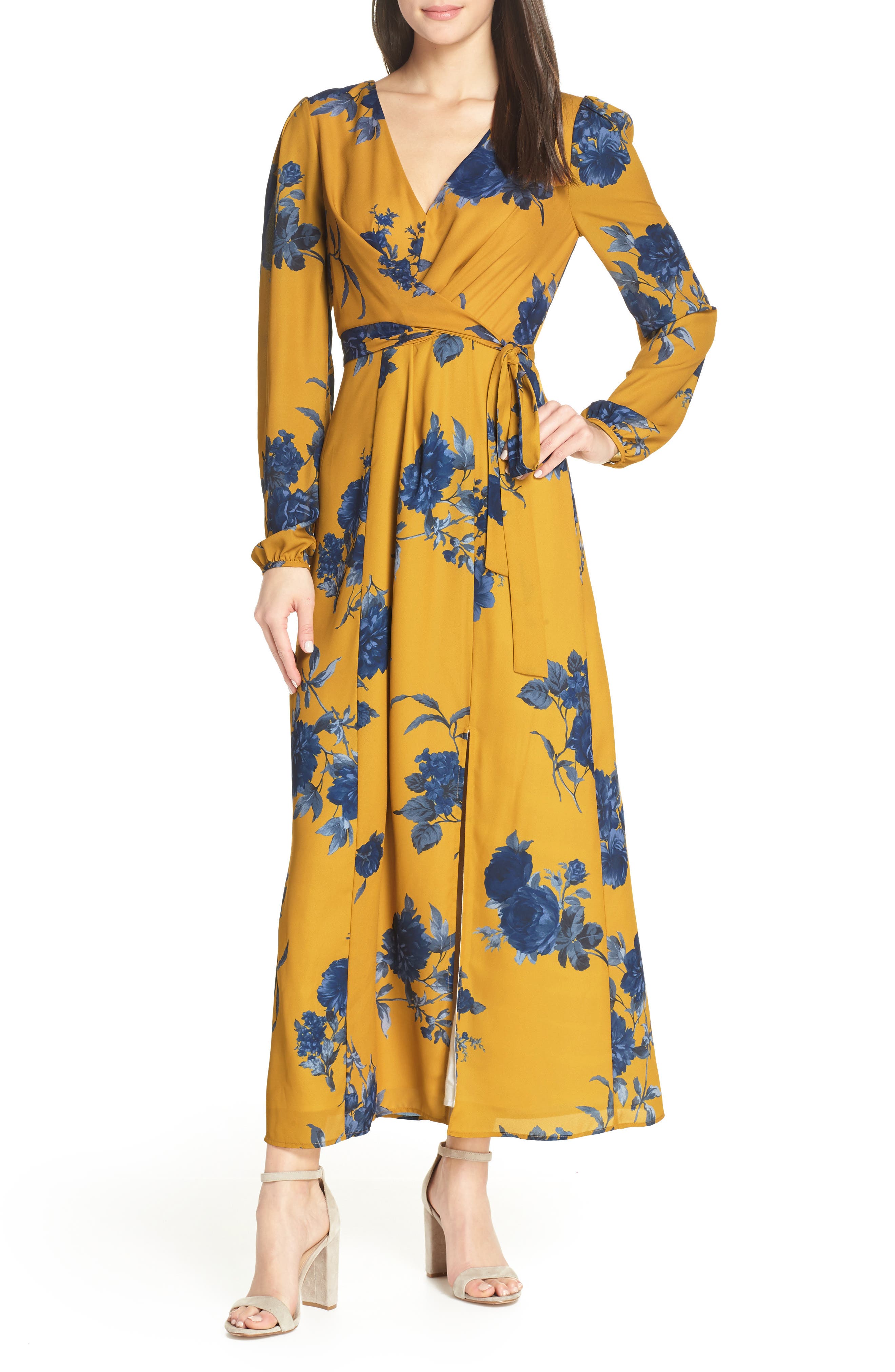 long sleeve floral wrap maxi dress