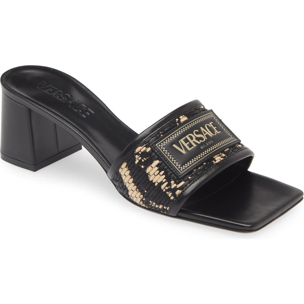 Versace Theia Barocco Woven Raffia Slide Sandal In Multi/black/ Gold