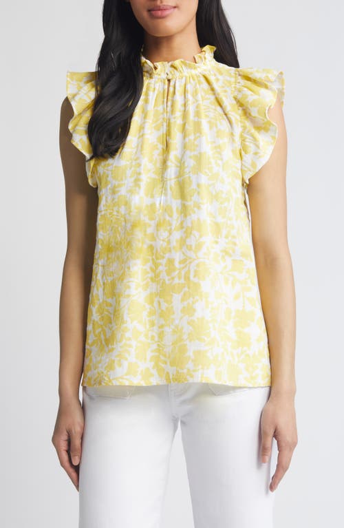 caslon(r) Flounce Sleeve Cotton Gauze Top in White- Yellow Kindred Flower
