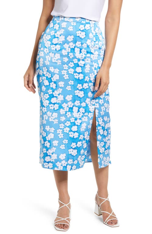 halogen(r) Printed Slit Hem Midi Skirt in Blue- White Sun Dye Blooms