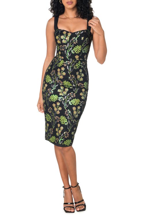 Dress the Population Nicole Sequin Floral Embroidered Sheath Cocktail Dress in Lemongrass Multi