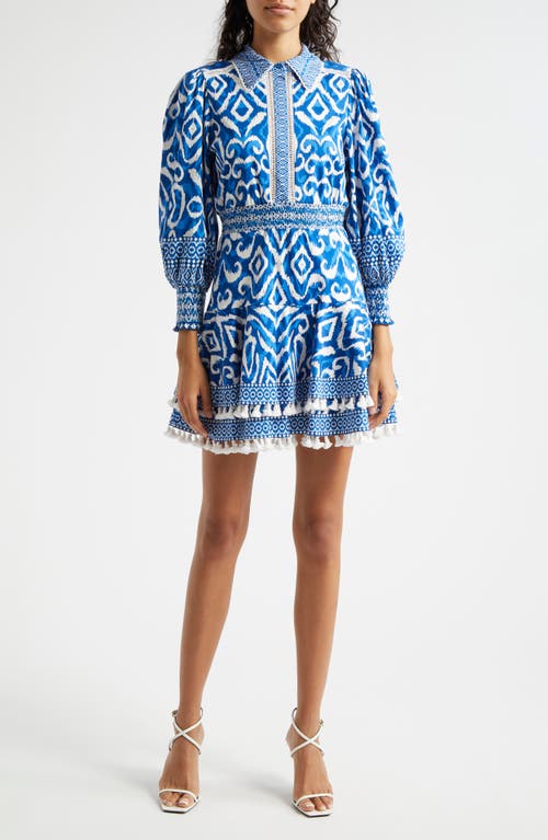 Alice + Olivia Loren Mixed Print Long Sleeve Stretch Cotton Minidress Artisan Ikat French Blue at Nordstrom,