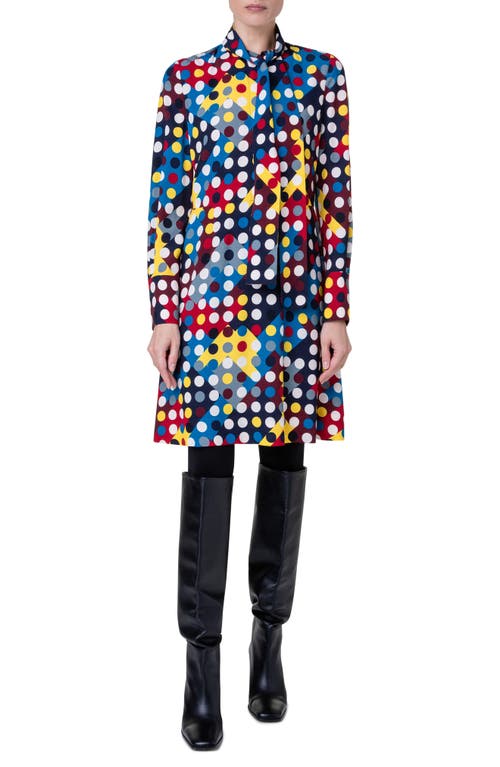 Akris punto Diamond Polka Dot Print Long Sleeve Tie Neck Crepe Shirtdress Blue Multi Colored at Nordstrom,