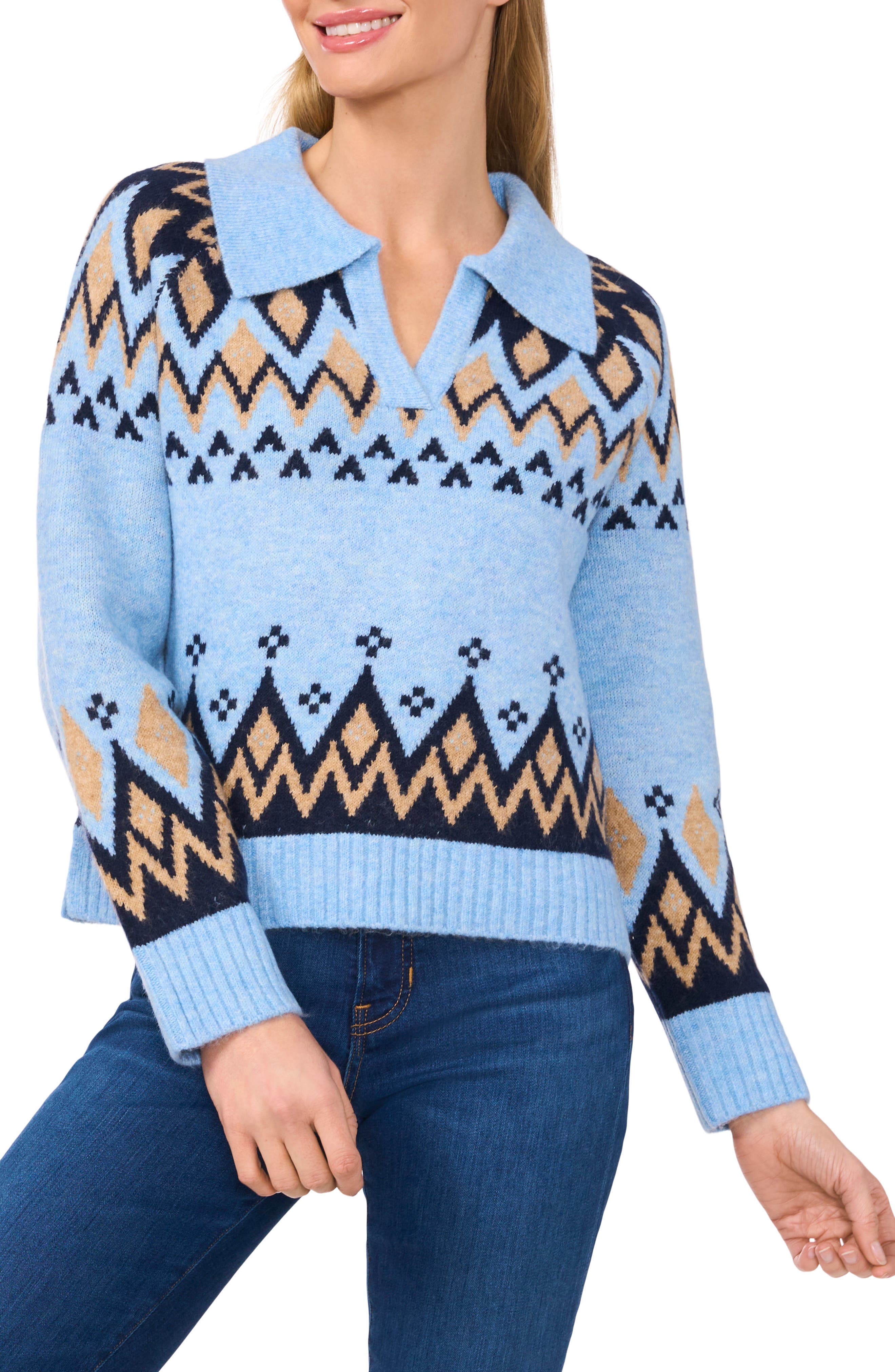 CeCe Fair Isle Boxy Collar Sweater in Blue Heather 