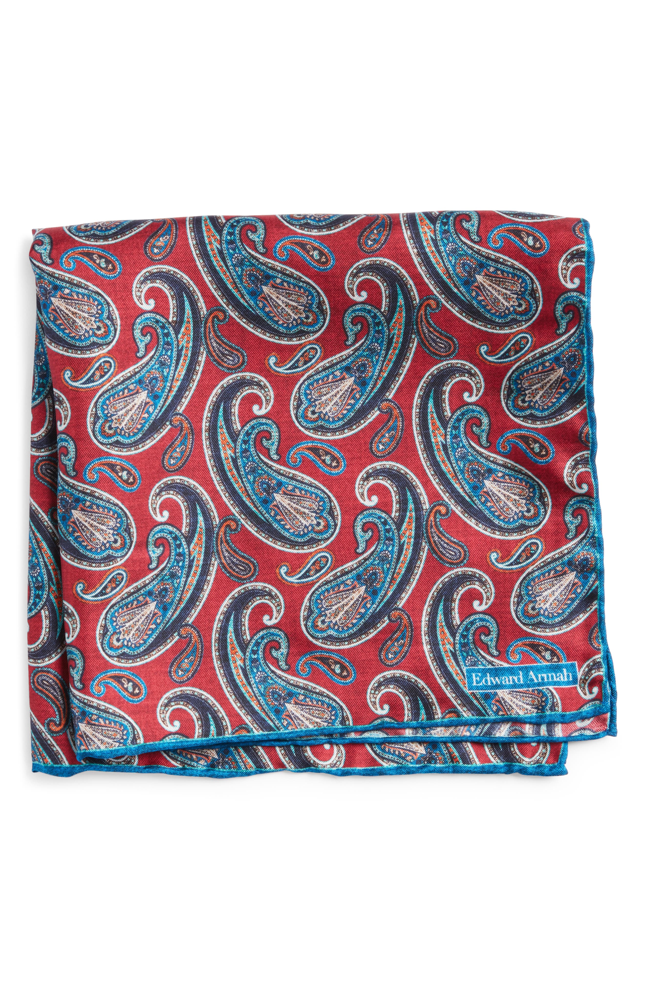 EDWARD ARMAH Paisley Silk Pocket Square in Red/blue Paisley Cover