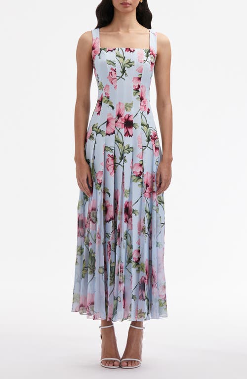 Oscar de la Renta Poppy Print Pleated Square Neck Dress in Light Blue/Pink at Nordstrom, Size 6