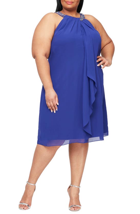 Slny Braid Beaded Neck Chiffon Cascade Ruffle Dress In Iris