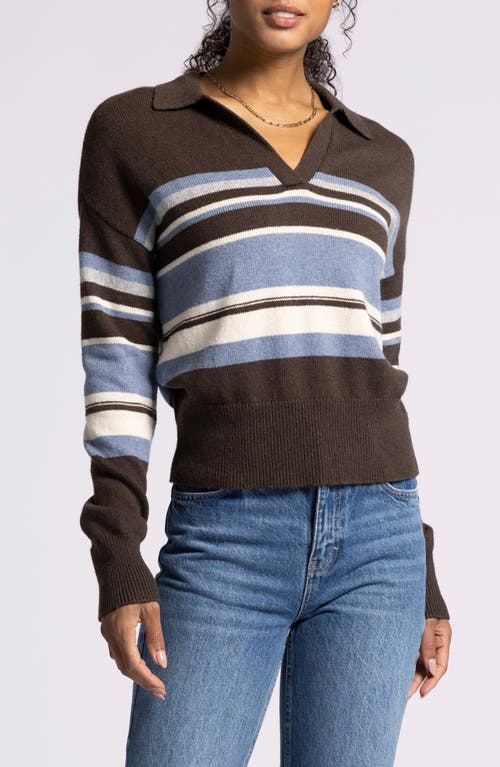 Thread & Supply Aaliyah Stripe Johnny Collar Polo Sweater In Chocolate Blue Stripe