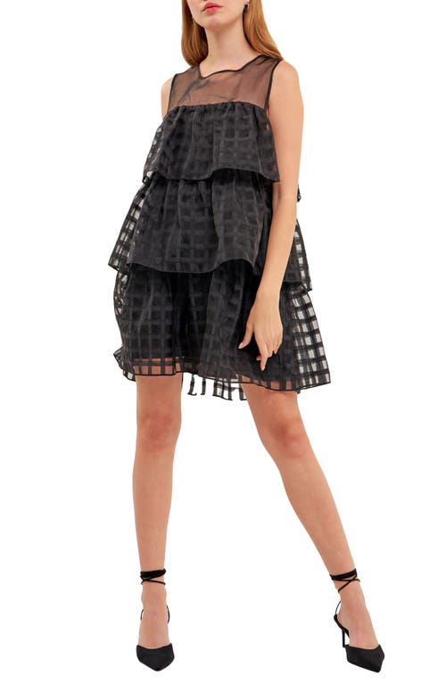 English Factory Grid Pattern Tiered Organza Minidress Black at Nordstrom,