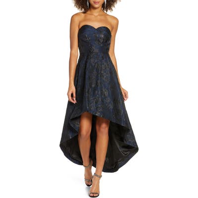Chi Chi London Gracey Lee Metallic Filigree Strapless High/low Gown, Blue