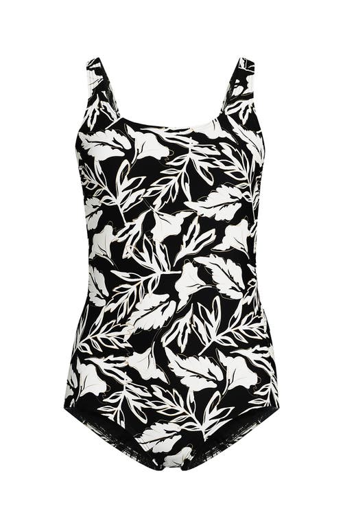 Shop Lands' End Scoop Neck Tugless Sporty One Piece Swimsuit In Black/egret Abstract Leaf