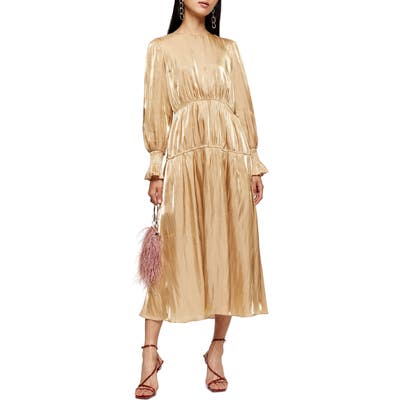 Topshop Smocked Long Sleeve Midi Dress, US (fits like 0) - Metallic