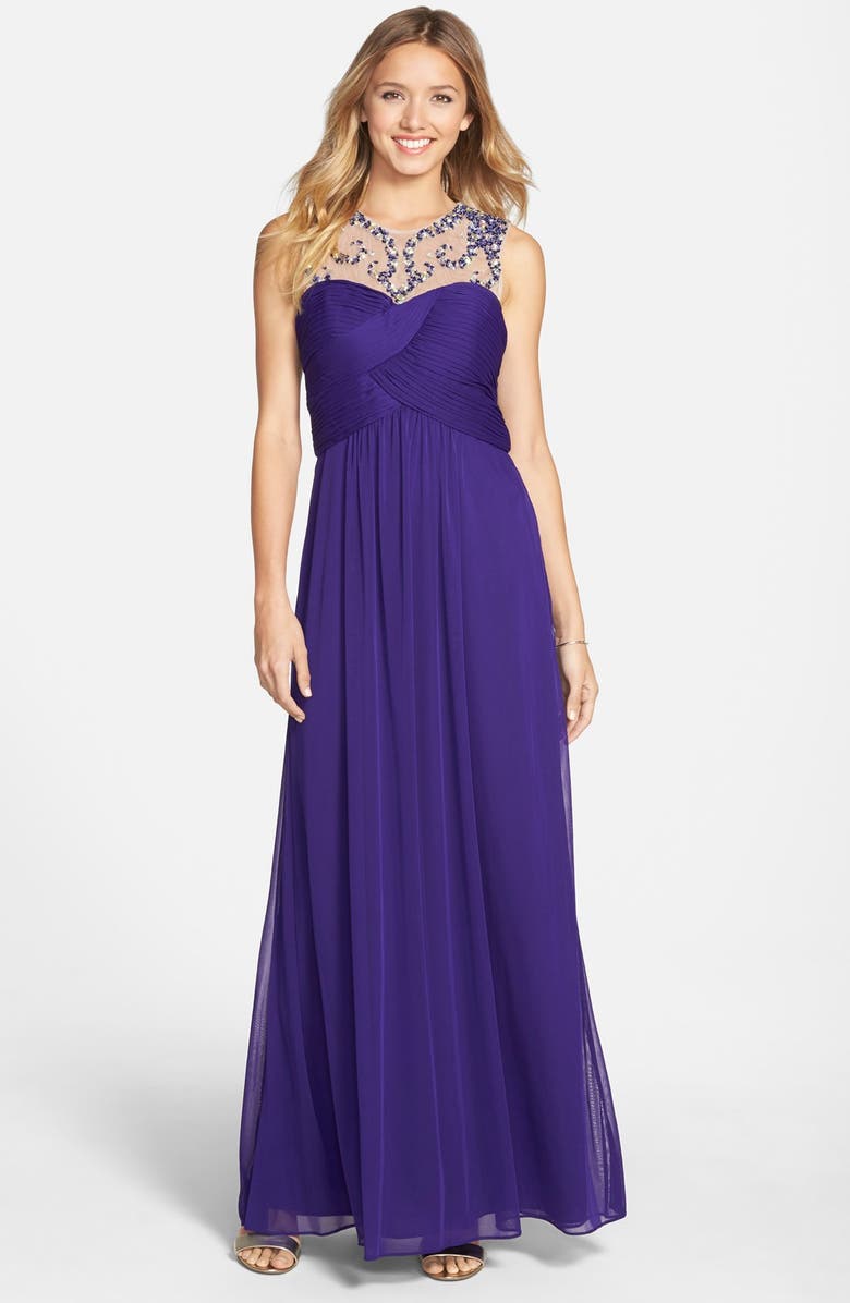 Blondie Nites Illusion Yoke Shirred Bodice Gown (Juniors) | Nordstrom