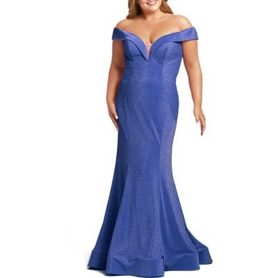 Plus Size MAC Duggal Off The Shoulder Metallic Trumpet Gown, Blue
