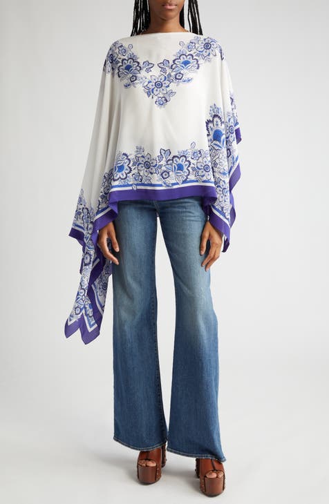 Placed Floral Print Silk Poncho