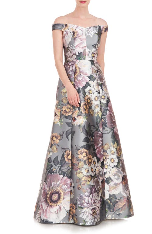 Garland Floral Print Off the Shoulder Gown in Sage Gray