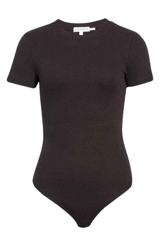 Shop Good American Rib Short Sleeve Stretch Cotton Bodysuit In Black001