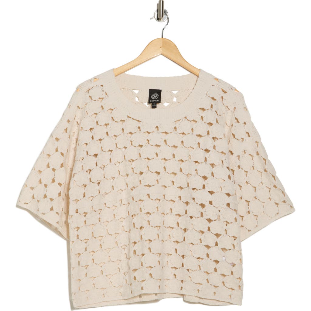 Bobeau Floral Crochet Short Sleeve Top In Ivory
