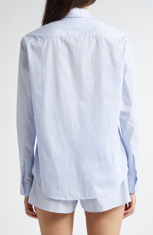 Shop Sporty And Rich Sporty & Rich Embroidered Logo Stripe Cotton Button-up Shirt In White/light Blue Thin Stripe