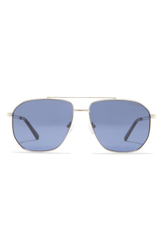 Guess 59mm Navigator Sunglasses In Shiny Light Nickeltin / Blue