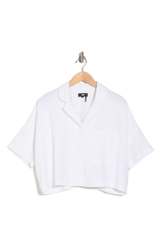 Shop Dkny Sport Linen Blend Crop Button-up Camp Shirt In White