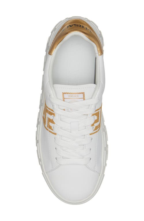 Versace Leather Sneakers Greca Embroidered Detail Gold Accents In White/gold