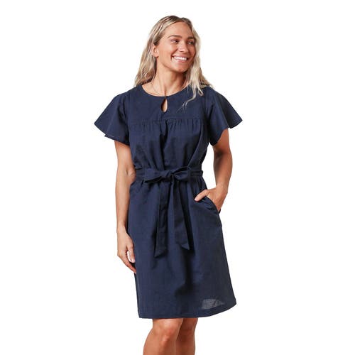 Women's Bell Sleeve Linen Keyhole Dress in Navy Linen