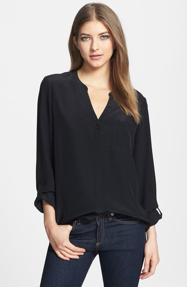 TROUVÉ Collarless Silk Blouse, Main, color, BLACK