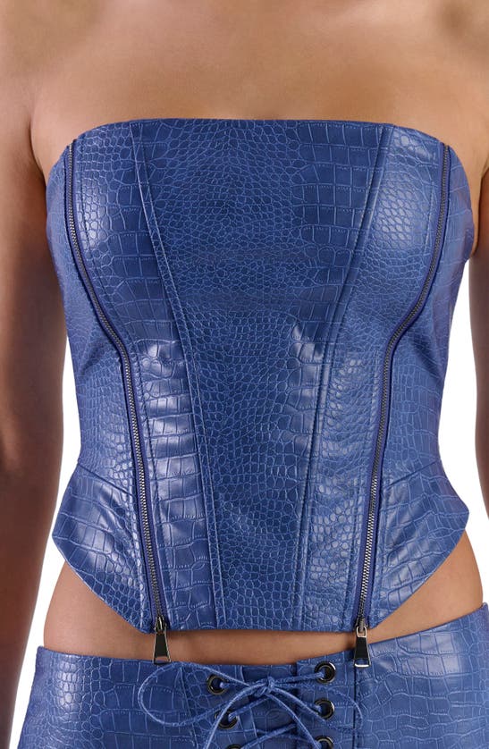 Croc Embossed Lace-up Back Faux Leather Corset In Dark Blue