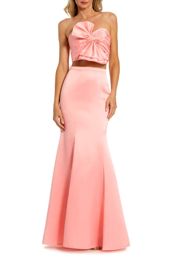 Shop Mac Duggal Bow Satin Two-piece Mermaid Gown In Petal Pink