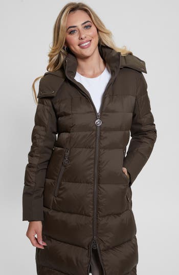 Guess long down jacket with hood best sale