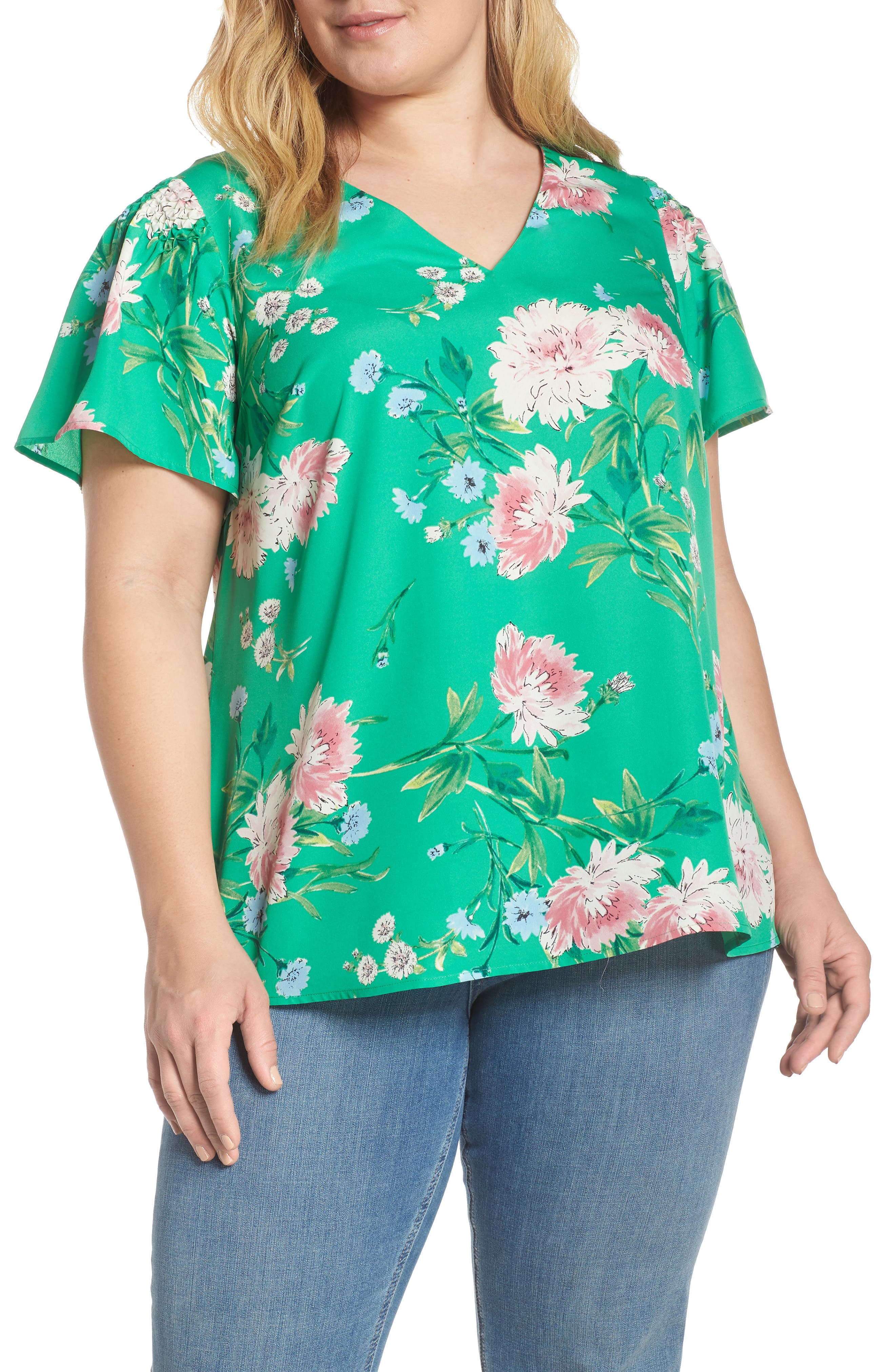 Daniel Rainn Floral Print Smocked Sleeve Top (Plus Size) Nordstrom