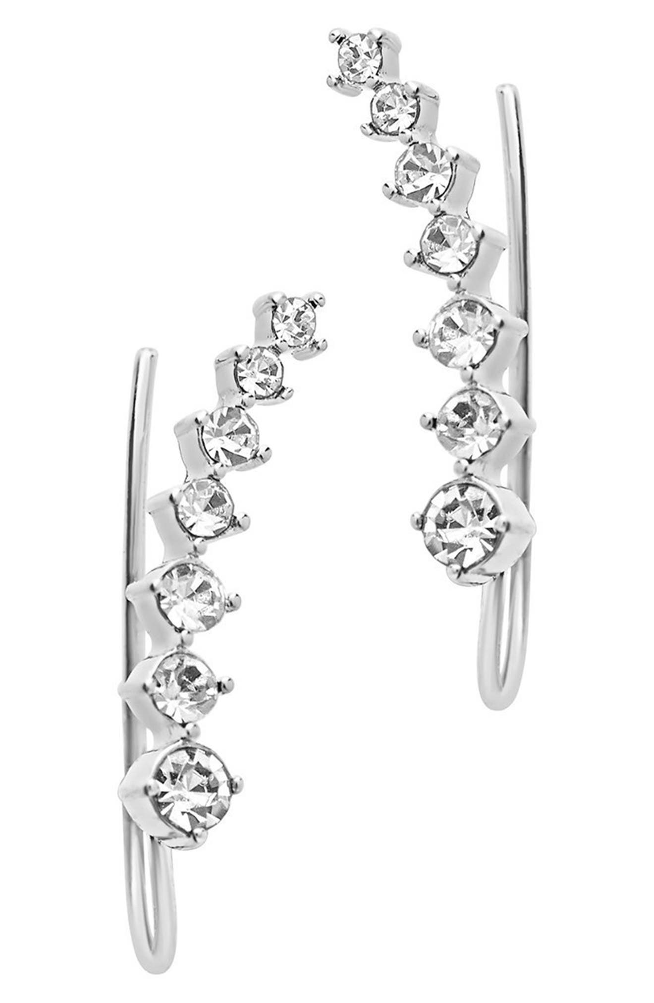 Sterling Forever Rhodium Plated Graduated Cz Crawler Earrings In Silver